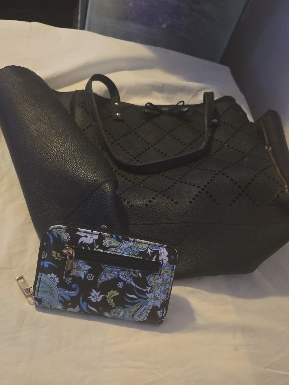 Black Women’s Tote Bag with Floral Zip Wallet
